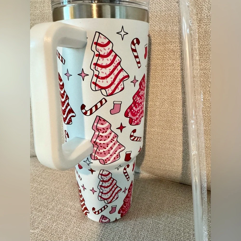 New XL Christmas Tree Cake Stainless Steel Metal Travel Mug Cup Tumbler 40oz